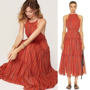 ULLA JOHNSON Cotton Stripe Sleeveless Halter Neck Open Back Tier Ruffle Dress 10